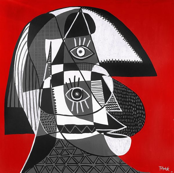 Retrato gris en fondo rojo